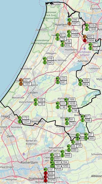 Totaalbeeld 29-07-2019: 29-7-2019 14:45 uur Verklaring: Bij elk meetpunt staan 2 getallen. Chloride (in mg/l) is het bovenste getal (berekend uit de EC). De EC (in us/cm) is het onderste getal.