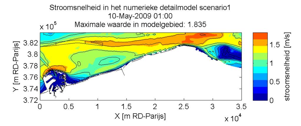 3.1. Snelheidsvelden 3.1.1. Scenario 1: Huidige toestand Figuur 11: scenario huidige toestand, snelheidsveld bij vloed (springtij) Figuur 12: scenario huidige