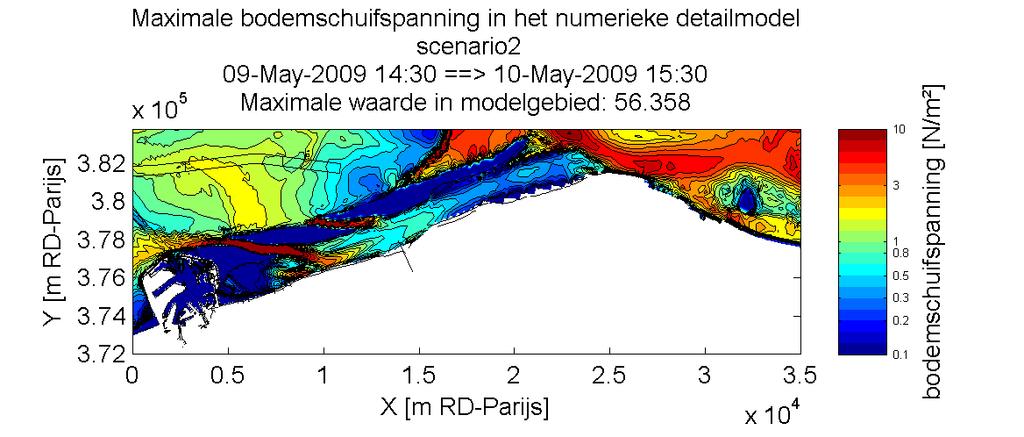 3.2.2. Scenario 2: Vlaamse Baaien (zonder doorsteek haven Zeebrugge) Figuur 42: scenario Vlaamse Baaien (zonder doorsteek), bodemschuifspanningen bij vloed (springtij) Figuur 43: scenario Vlaamse