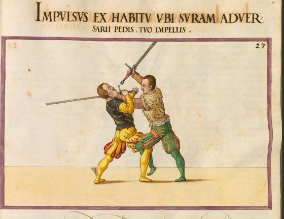 (pdf p. 66, München-manuscript plaat 27). Een steek vanuit een houding waarmee je het been van je tegenstander met jouw been kan wegduwen.