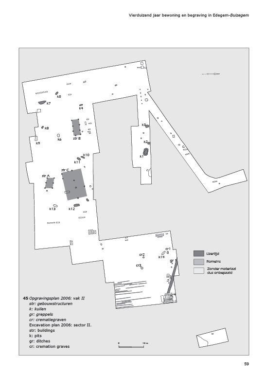 Fig. 10: Grondplan site Edegem - Buizegem, vak 2 5 CAI 100684: site Edegem Buizegem. De vroegste resten dateren uit het finaalneolithicum en omvatten een grafheuvel (Fig. 9).
