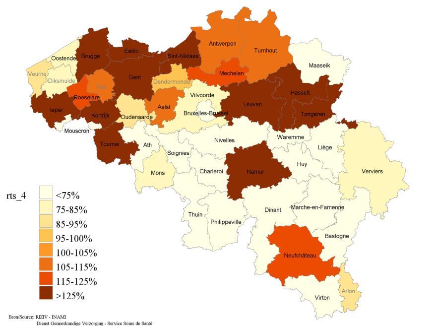 Figuur 8 : Bruto en direct gestandaardiseerde index per arrondissement: uitgaven in de psychiatrische instellingen, 2013 e