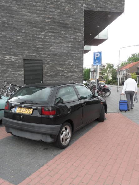 De gehandicaptenparkeerplaatsen worden aangegeven door een het verkeersbord E6, maar niet d.m.v. afwijkend plaveisel of een witte rand.