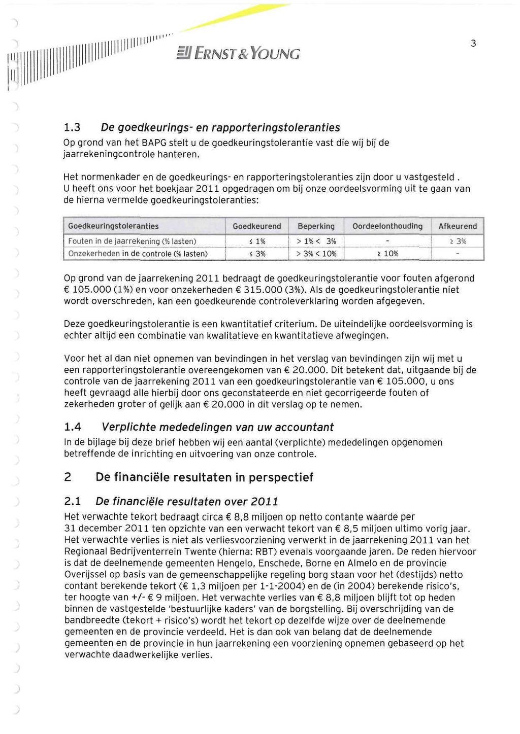 inn 1.3 De goedkeurings- en rapporteringstoleranties Op grond van net BAPG stelt u de goedkeuringstolerantie vast die wij bij de jaarrekeningcontrole hanteren.