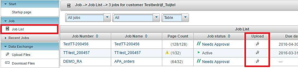 Stap 2 - PDF uploaden Klik op [ Job List ] om al uw lopende orders te zien.