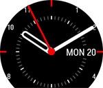 Basisdisplayweergave met tijd en datum. Activiteit De cirkel om de displayweergave en het percentage onder de datum en tijd laten je voortgang op weg naar je dagelijkse activiteitsdoel zien.