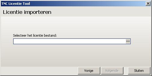 Zodra u TNC voor de eerste keer opstart zal er gevraagd worden om licentiegegevens. Deze gegevens bestaan uit een code en een licentiebestand.