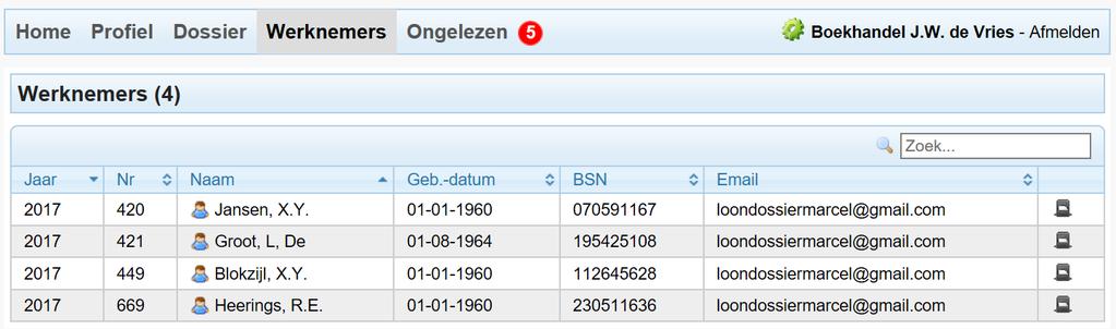 Loonstroken werknemers Via de optie Werknemers op mijn.loondossier.nl ziet u de namen van uw werknemers staan: Afbeelding: mijn.loondossier.nl, Werkgevers, Werknemers Met een klik op het zwarte dossierkastje ziet u wat het administratiekantoor heeft verzonden naar mijn.