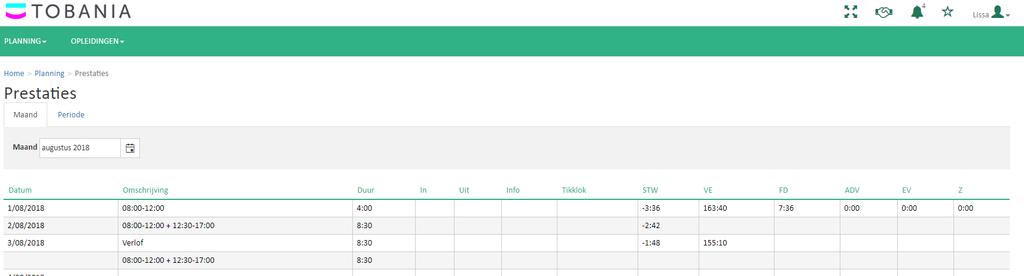 4. Prestaties Door te klikken in het menu Planning op Prestaties komen we in volgend scherm terecht: Je kan hier jouw prestaties bekijken per