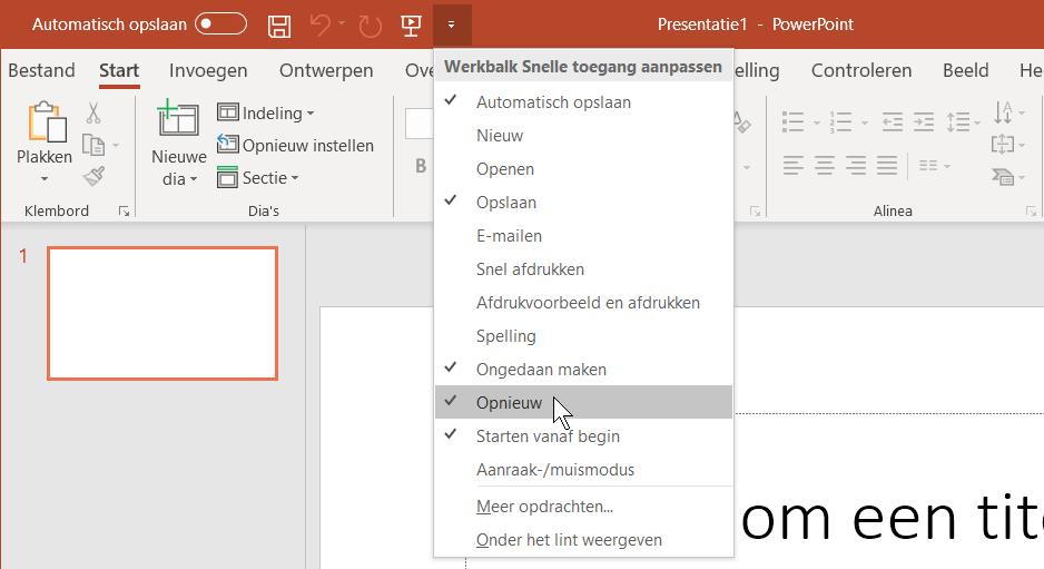 18 Basisboek PowerPoint 2019, 2016 en Office 365 U bepaalt zelf welke opdrachten in de werkbalk Snelle toegang staan.