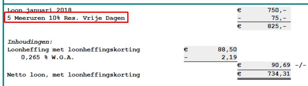 Afbeelding: Resultaat van verloning, 50 uur, 10 dagen, 10% Res. Vrije Dagen De term die voor de reservering wordt gehanteerd door Loon luidt in ons voorbeeld: '5 Meeruren 10% Res. Vrije Dagen'.