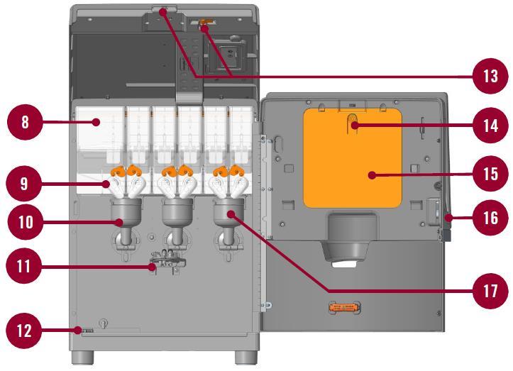 Reservoir voor instant product 9. Uitgifte glijbaan instant product 10. Mengkom 11. Uitgifte Slangenhouder 12.