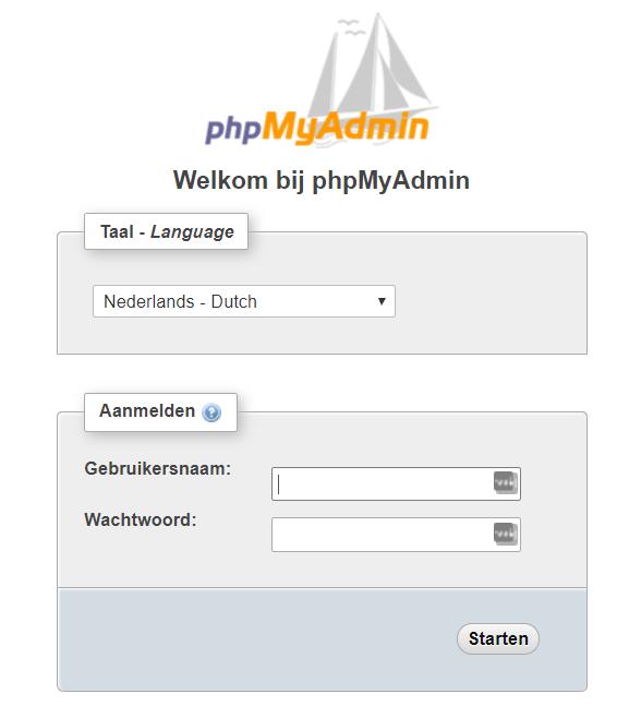 Vervolgens opent zich het startscherm van phpmyadmin.