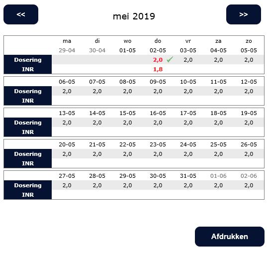 3.3 De Kalender In het blok rechtsboven wordt de maandkalender met de doseringen getoond. Met << en >> kunt u een maand terug of verder. Per dag kunnen de INR en doseringen worden getoond.