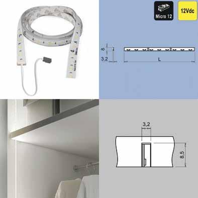 Verlichting voor s Flexibele Led verlichting type Flexyled SE - 60 Leds per meter - SE side emitting: de Leds verspreiden het licht zijdelings zodat de strip in een uitgefreesde groef van 3,2 mm kan