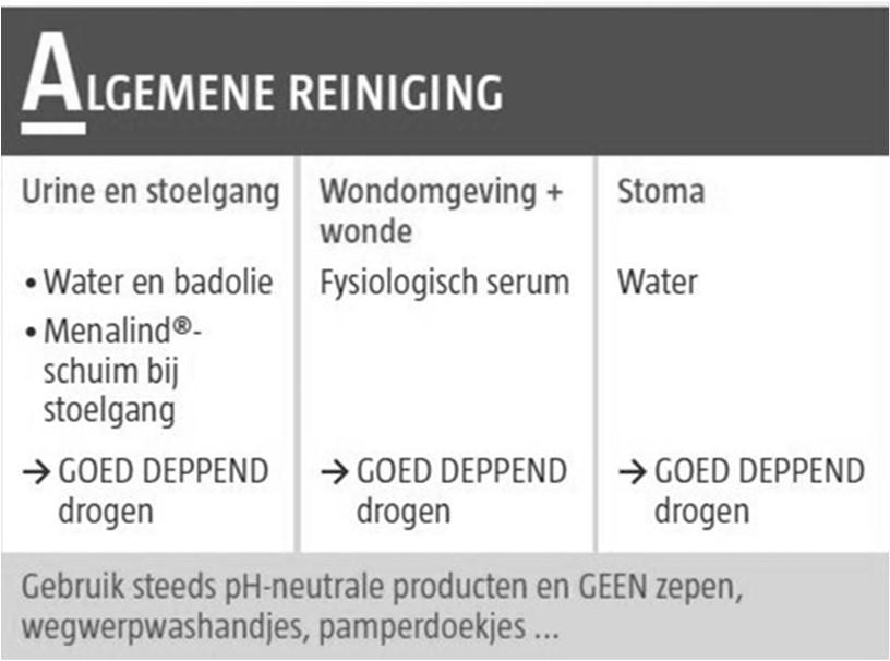 zepen Gebruik geen incontinentiedoekjes Algemene reiniging Was huidletsel en omgeving