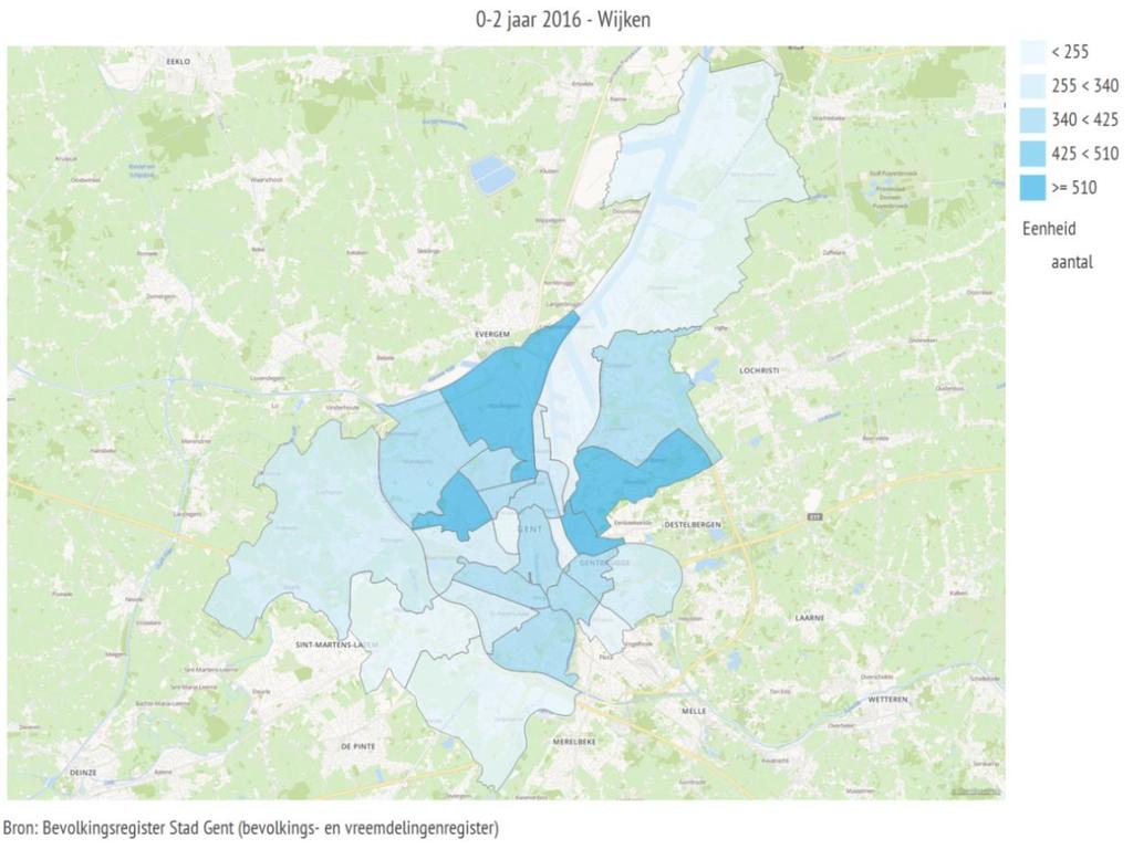 Kaart 1: 0 2 jarigen [aantal] per wijk, op 31/12/2017. Bron: Bevolkingsregister Stad Gent 1.3 Prognose voor het aantal 0-2 jarigen tot 2029.