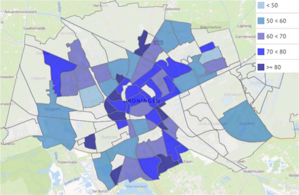 We hebben voor een paar stellingen ook gekeken naar de verschillen per buurt, zie de kaarten hierna. We zien dat de verschillen klein zijn.