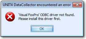 De volgende melding verschijnt wanneer de verkeerde versie van de Microsoft Visual FoxPro Driver is geïnstalleerd (zie hoofdstuk 1): De juiste versie van de