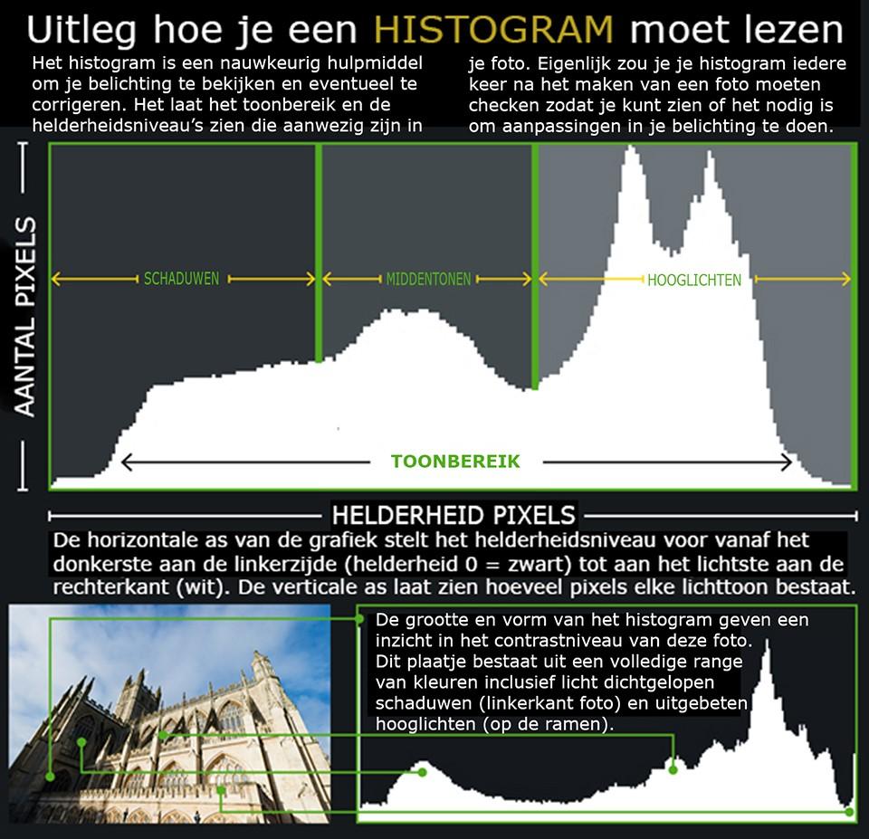 Voorspellende werking histogram Je kunt het histogram terugkijken nadat je een foto hebt gemaakt, maar je kunt het ook op je liveview of digitale zoeker aanzetten en zien.