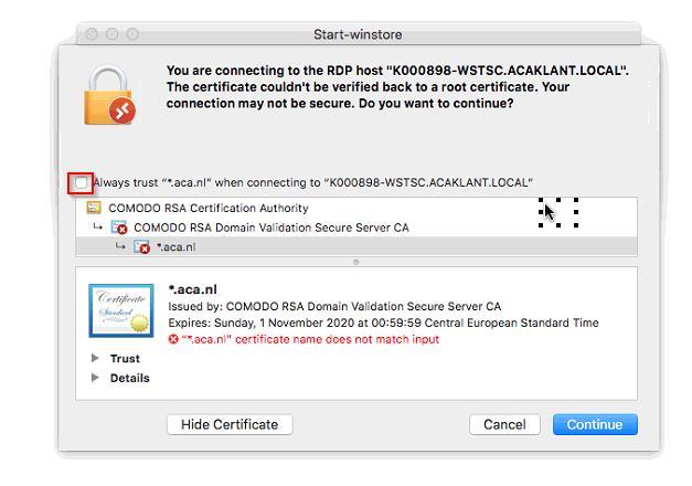 Je kan er ook voor kiezen deze certificaten te importeren. De MAC beschouwd de verbinding dan als vertrouwd en je kan direct door.