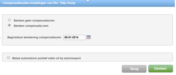 Inrichten compensatieberekening Bij de compensatiesaldo-instellingen kan een begindatum voor de berekening compensatieuren ingesteld worden (dit moet altijd een maandag zijn).