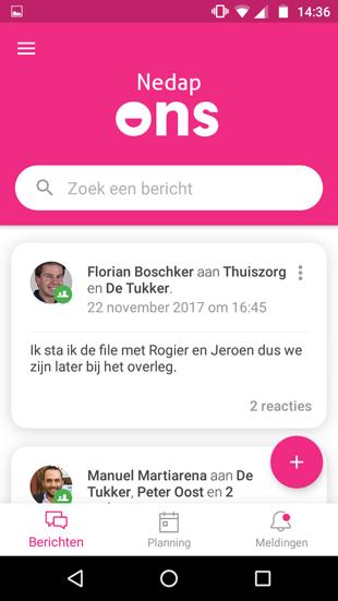 Berichten lezen, (door)sturen en reacties plaatsen in de Nedap Ons app Overzicht van berichten De berichten worden in chronologische volgorde weergegeven.