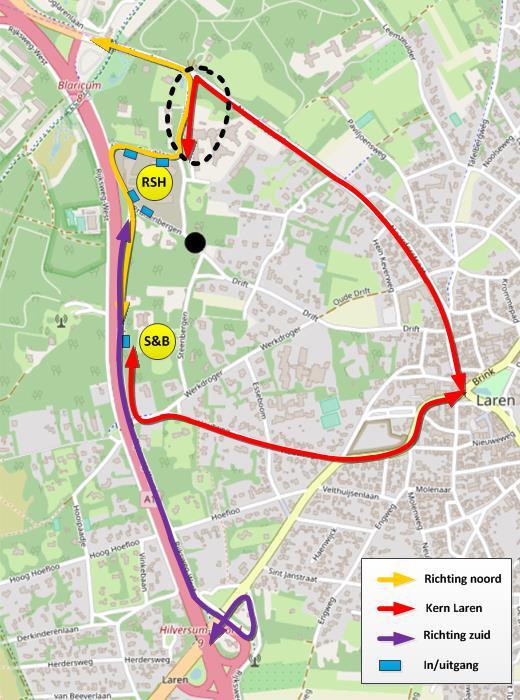 3.6 Variant 4a: Referentie + tweerichting verkeer Lange Wijnen + knip Pruisenbergen Figuur 17; overzicht routering variant 4a Het aanbrengen van een knip in Pruisenbergen (zwarte cirkel) leidt tot de