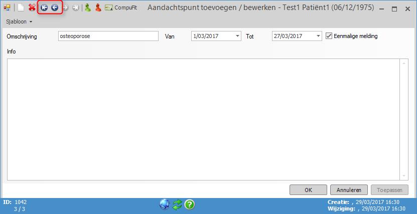 2. Klik in de rechterbovenhoek op het groene plusteken. 3. Klik in het venster dat opent op de pijltjes om vorige of volgende aandachtspunten weer te geven. H.