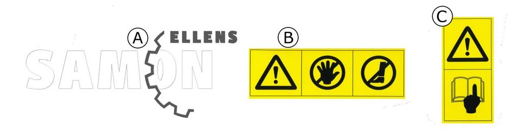 3.3 Waarschuwingsstickers en pictogrammen. Iedere SAMON Uienoplader is voorzien van de volgende stickers en waarschuwingspictogrammen: Beschrijving: Afm.: (bxh) Bestel nr.