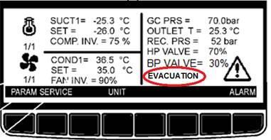 Het starten van de evacuatie modus: De evacuatie modus zal enkel starten met de ENB knop in te drukken als de volgende drie voorwaarden zijn vervuld: Zuiggasdruk P1 waarde < SPF6 Gaskoelerdruk