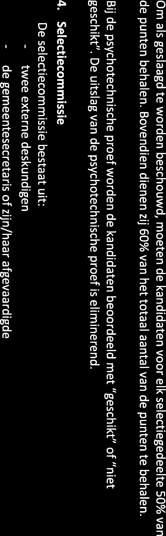 - de Om als geslaagd te worden beschouwd, moeten de kandidaten voor elk selectiegedeelte 50% van de punten behalen. Bovendien dienen zij 60% van het totaal aantal van de punten te behalen.
