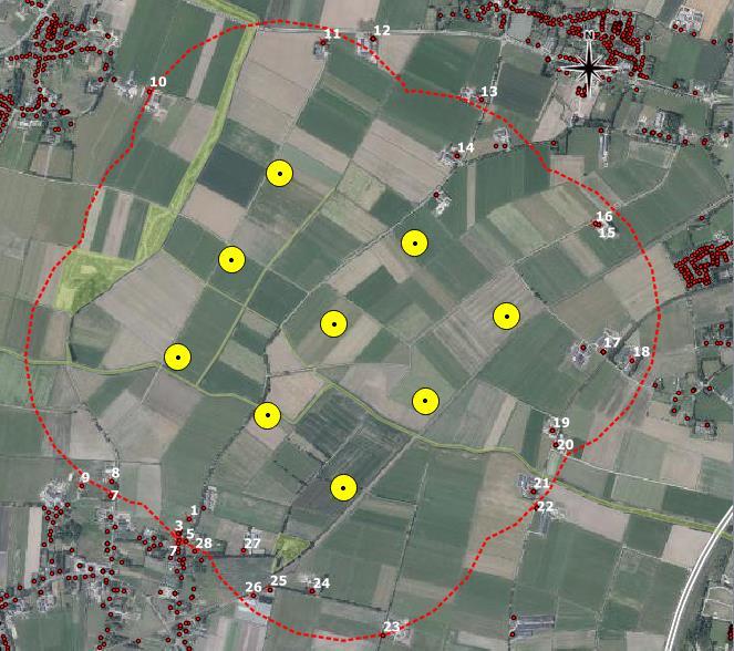 Direct omwonenden < 800 m. - 30 direct omwonende (woonhuis) gelegen bij het windpark. De woonhuizen vallen tussen 500 en 800 meter van de dichtstbijzijnde windturbine (+5%) - Tot 800 m.