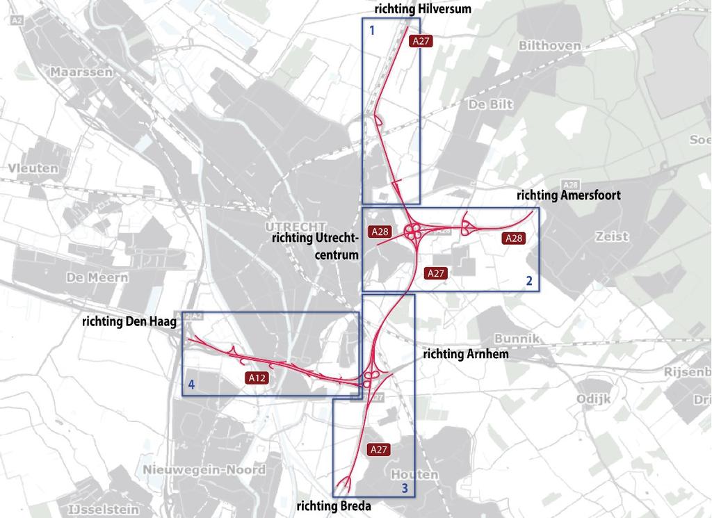 2. A28/A27 knooppunt Rijnsweerd (A27 vanaf viaduct over de Utrechtseweg tot noordrand Bak Amelisweerd en A28); (gemeenten Utrecht en De Bilt). 3.