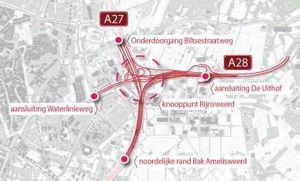 A27/A12 Ring Utrecht) zijn hier in noordelijke richting in totaal drie rijstroken en één spitsstrook aanwezig en in zuidelijke richting drie rijstroken.