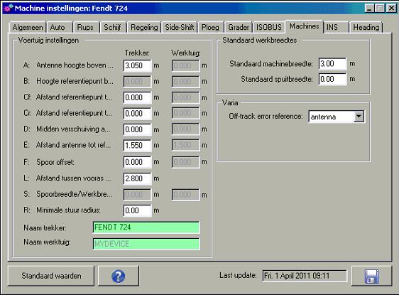 5.4. Tabblad Machines In het tabblad Machines (Figuur 18) moeten minimaal de volgende afstanden (offsets) ingevoerd worden om een goed functionerende besturing te krijgen: A: Antennehoogte E: Afstand