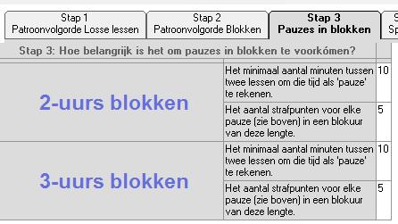 Stap 3 Pauzes in blokken U kunt in deze stap aangeven hoe belangrijk het is om, in het algemeen, een pauze in een blok te voorkómen. U stelt in wanneer een periode tussen twee lessen als pauze geldt.