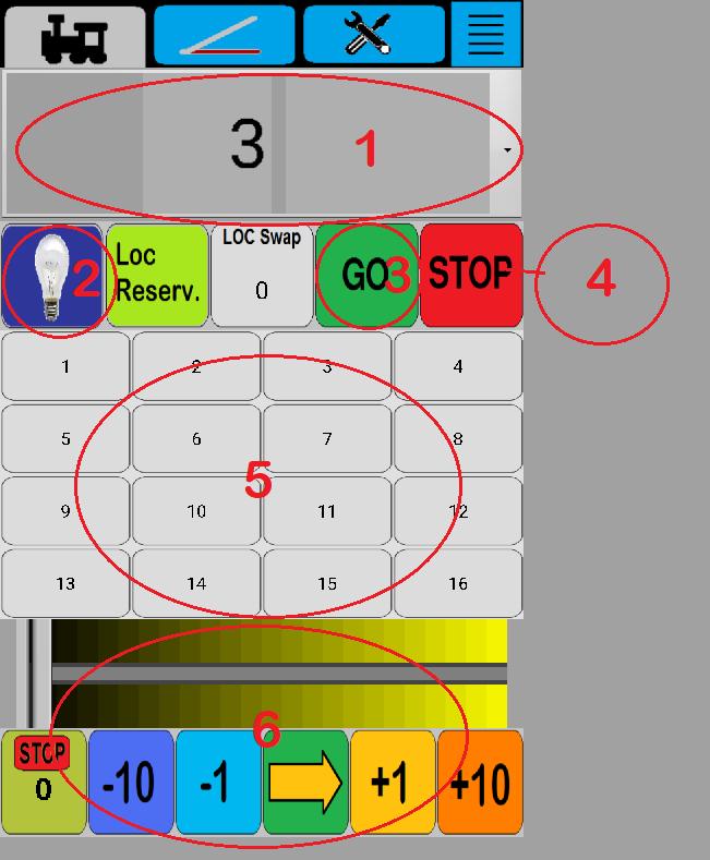 1.5. 6.3. Loc scherm 1. Info over de Loc, altijd het Loc ID, kan aangevuld zijn met naam van de loc en eventueel foto 2. Loc verlichting aan/uit 3.