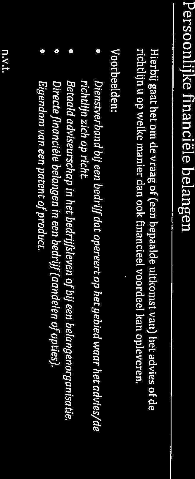 Persoonlijke financiële belangen Hierbij gaat het om de vraag of (een bepaalde uitkomst van) het advies of de richtlijn u op welke manier dan ook financieel voordeel kan