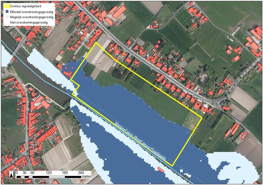 Figuur: watertoetskaart van het signaalgebied op recente orthofoto (medio 2015) met aanduiding van de overstromingsgevoelige gebieden (lichtblauw = mogelijk overstromingsgevoelig; donkerblauw =