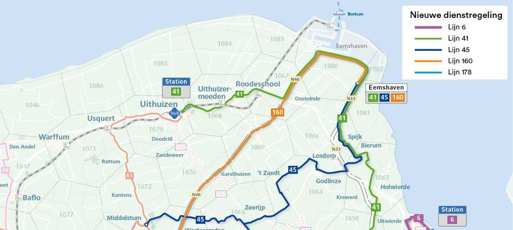 In de ochtendspits vanaf de stad Groningen vijf rechtstreekse ritten met de nieuwe lijn 160 naar de Eemshaven (de Eemshaven Express); in de middagspits vijf ritten terug.