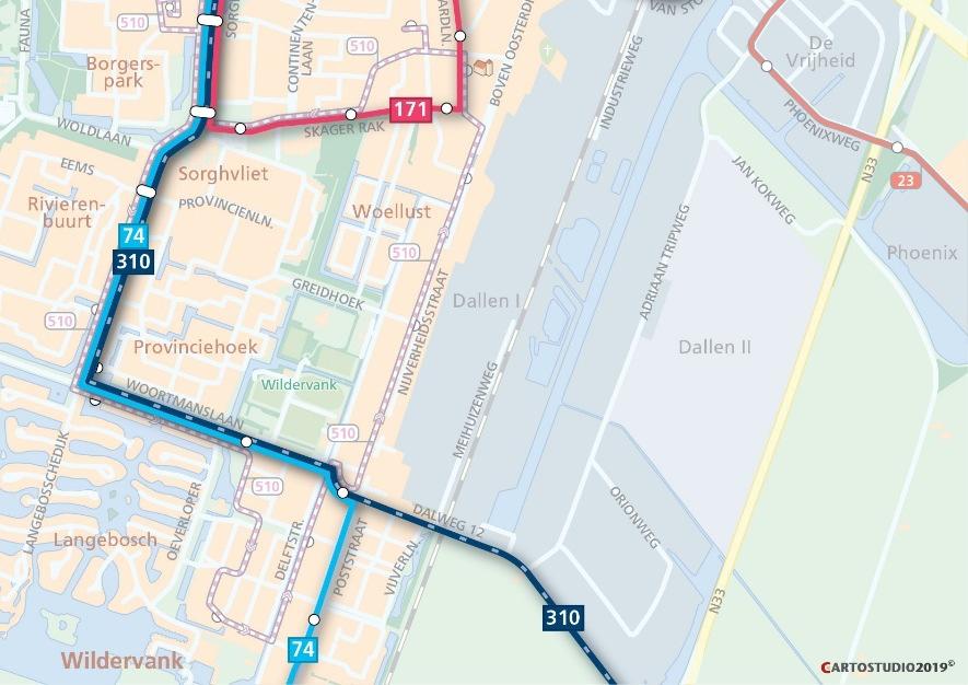 Om dubbele bediening in Veendam-Zuid te voorkomen wordt de lus van lijn 171 in Veendam-Zuid ingekort.