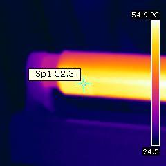 Temperatuursplaatje van de koude kant van de buis, na opwarmen status lamp omgevingstemperatuur camera > 1 uur opgewarmd 23.5 graden C Flir B-CAM SD emissiviteit 1.00 (1) meetafstand 0.