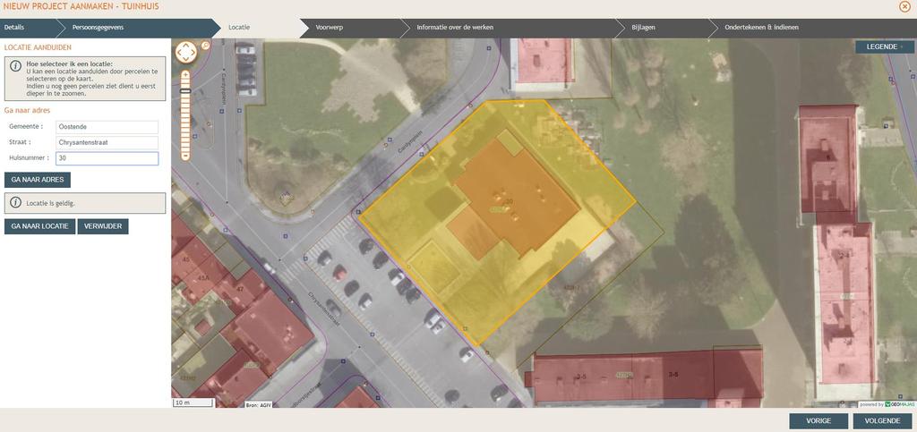 Locatie: zoek de locatie waar de werken zullen plaatsvinden op en klik op het gewenste perceel.