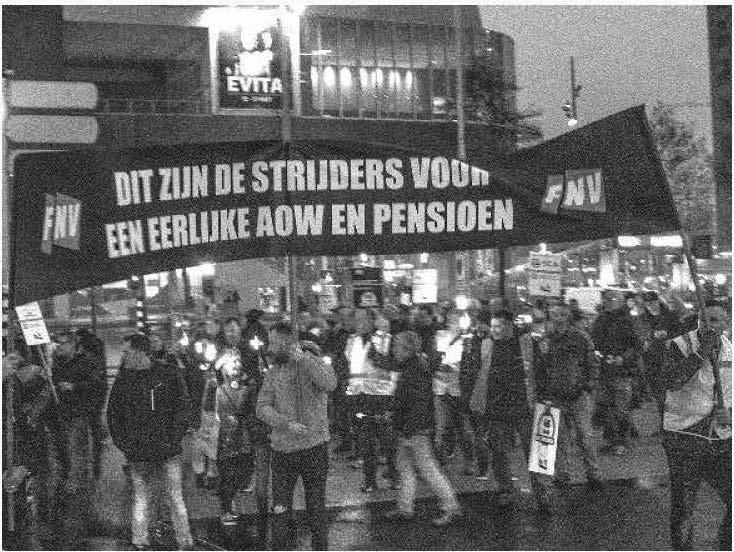 28 mei: treinen en bussen staken 29 mei: nationale actiedag voor pensioen Op 18 maart werd op vele bedrijven in Nederland het werk neer gelegd en tienduizenden mensen demonstreerden.