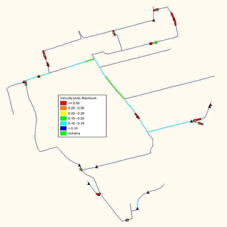 Verhang > 6 cm/km 4-6 cm/km 2-4 cm/km < 2 cm/km Fig. 2a, verhang in de watergangen 2b, stroomsnelheden Figuur 2a laat zien dat de verhangnorm over een vrij groot tracé (ca 1920m) wordt overschreden.