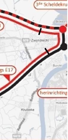 Besluit van de VR houdende definitieve vaststelling GRUP Oosterweelverbinding- Wijziging (januari 2015): Op Zwijndrecht licht slechts één parallelweg, die deel uitmaakt van de grote parallelweg