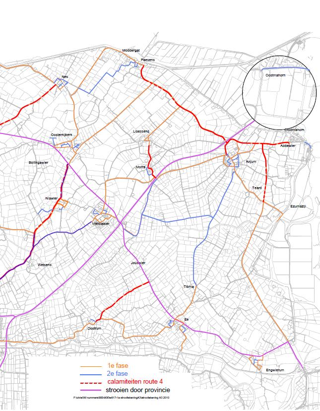 5.G Route fase 2 oost met vrachtwagen - gemeente Dongeradeel Route buitengebied Iveco fase 1- lijn bruine kleur Route buitengebied Trekker fase 1 - lijn groene kleur