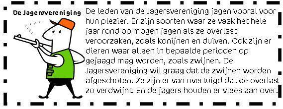 De leden van de Jagersvereniging jagen vooral voor hun plezier. Er zijn soorten waar ze het hele jaar rond op mogen jagen als ze overlast veroorzaken, zoals konijnen en duiven.