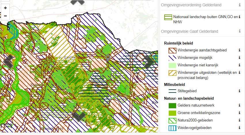 Totaalkaart alle hierboven getoonde kaartlagen (met uitzondering van de gemeentelijke kaart van essen en enken). Zie ook online voor de viewer van de provincie Gelderland.